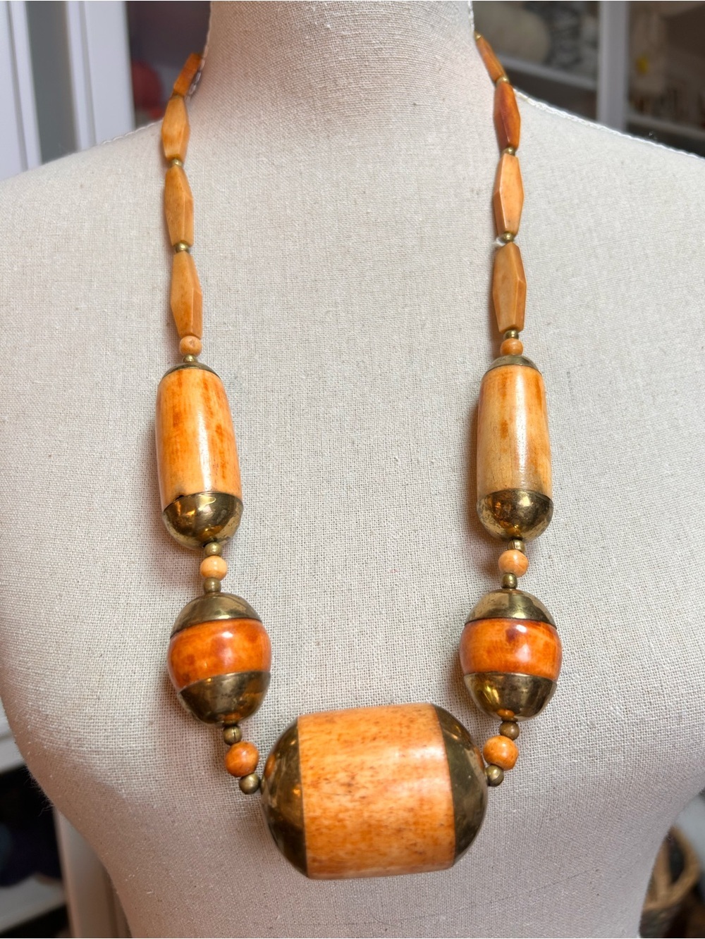 Vintage Chunky Bovine Bone & Brass Statement Necklace, 1970s Boho Chunky